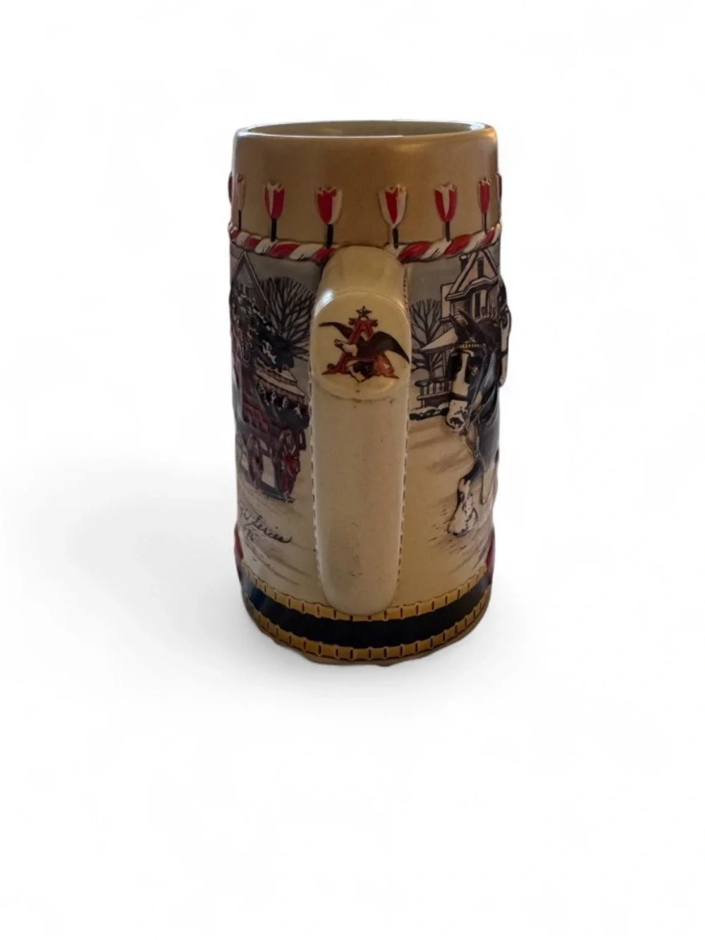 Vintage 1986 Budweiser Clydesdales Holiday Stein, Brazil Winter Scene Mug